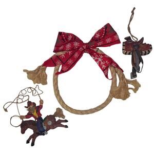 3-Vintage Christmas Ornaments Western Lasso, Saddle, Cowboy on a Rocking Horse